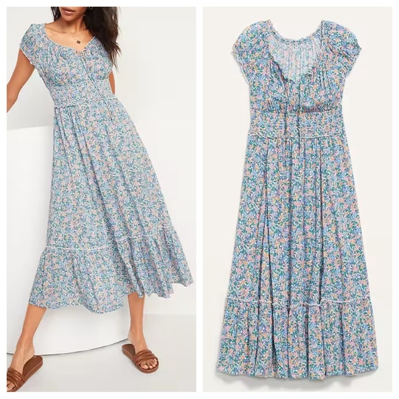 Old Navy Dresses & Skirts - Old Navy Floral Smocked Midi Dress Size Large Milkmaid Peasant Cottagecore Ditzy